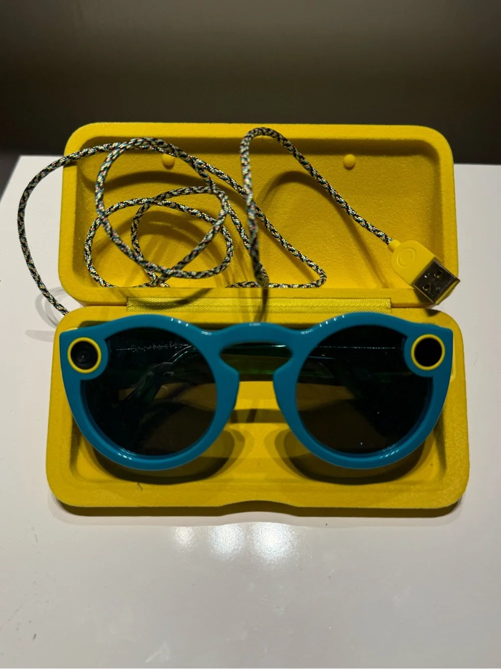 Bright Teal Snap Camera Sunglasses with Yellow Case - Collectors